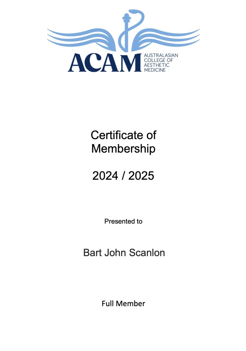 Australasian College of Aesthetic Medicine Membership Certificate