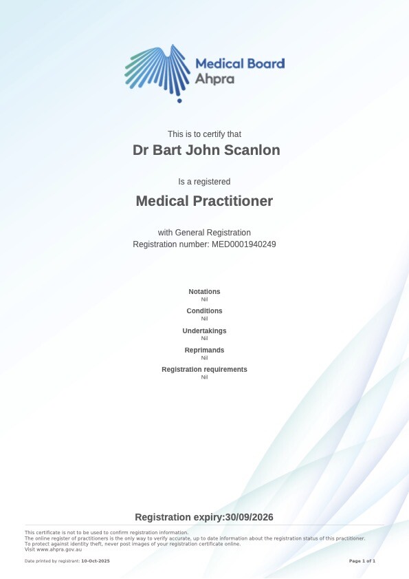 Bart Scanlon - Medical Board AHPRA Certificate