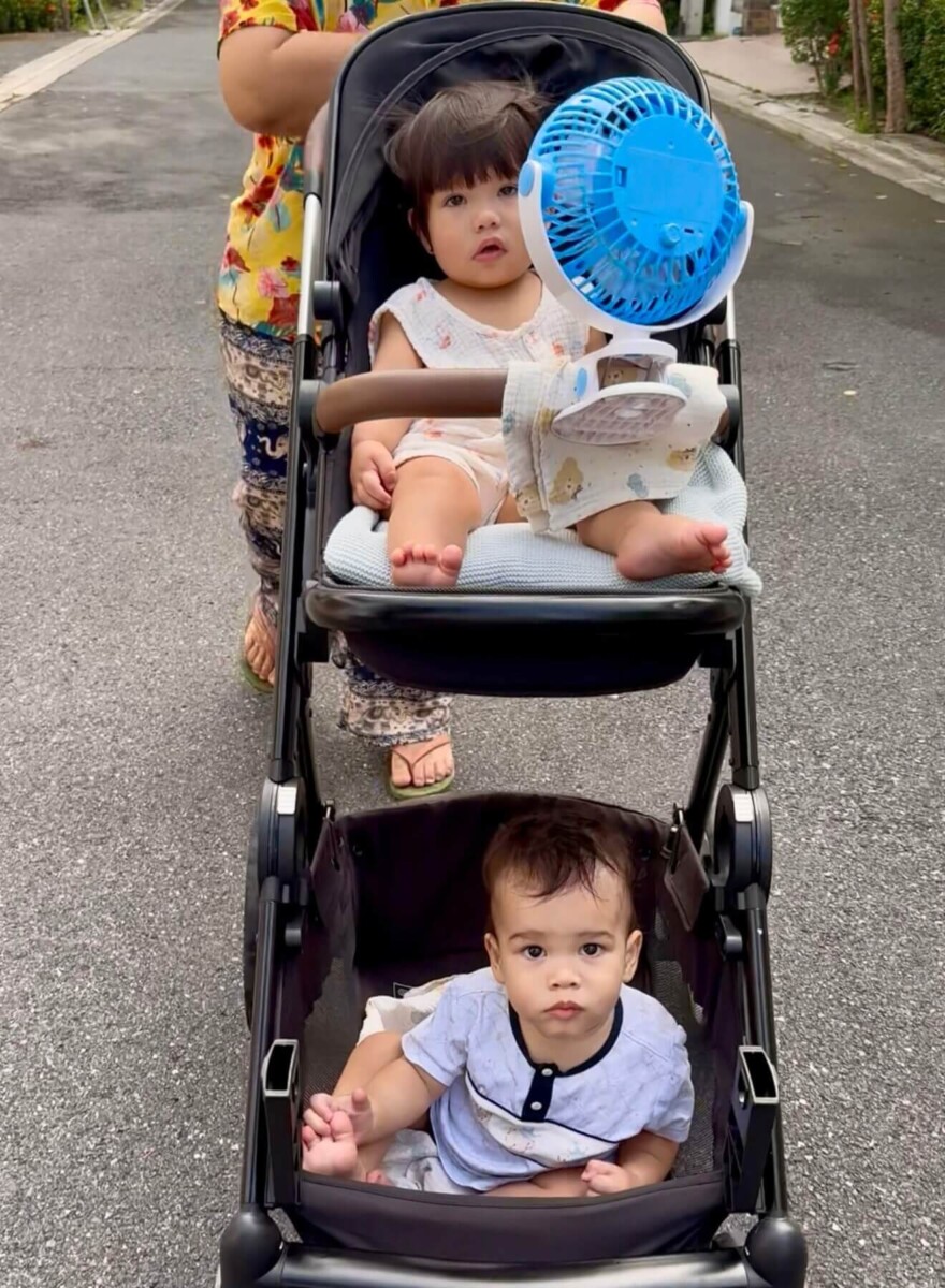 Twins being taken for a stroller ride